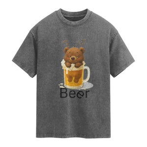 Funny Drinking Lover Washed Cotton T-Shirt Bear In Beer Glass