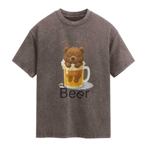 Funny Drinking Lover Washed Cotton T-Shirt Bear In Beer Glass