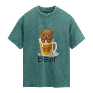 Funny Drinking Lover Washed Cotton T-Shirt Bear In Beer Glass