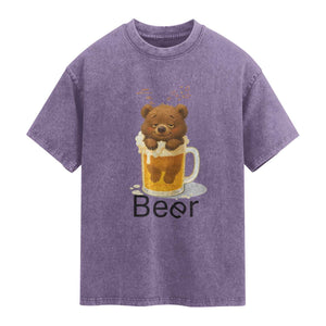 Funny Drinking Lover Washed Cotton T-Shirt Bear In Beer Glass