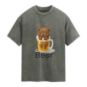 Funny Drinking Lover Washed Cotton T-Shirt Bear In Beer Glass