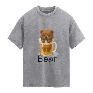 Funny Drinking Lover Washed Cotton T-Shirt Bear In Beer Glass
