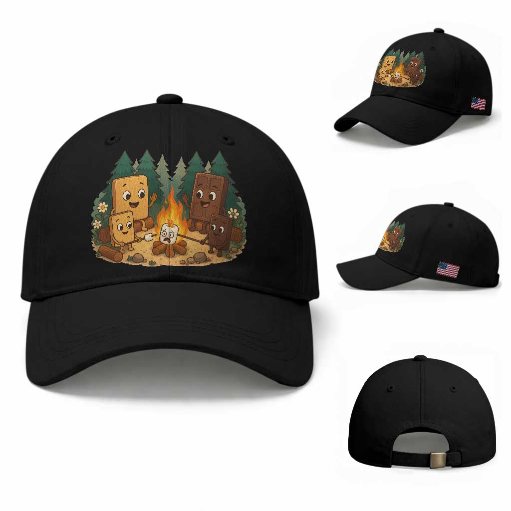 Funny Smores Camping Baseball Cap Marshmallow Chocolate Fire TS12 Baseball Cap Universal Fit Black Print Your Wear