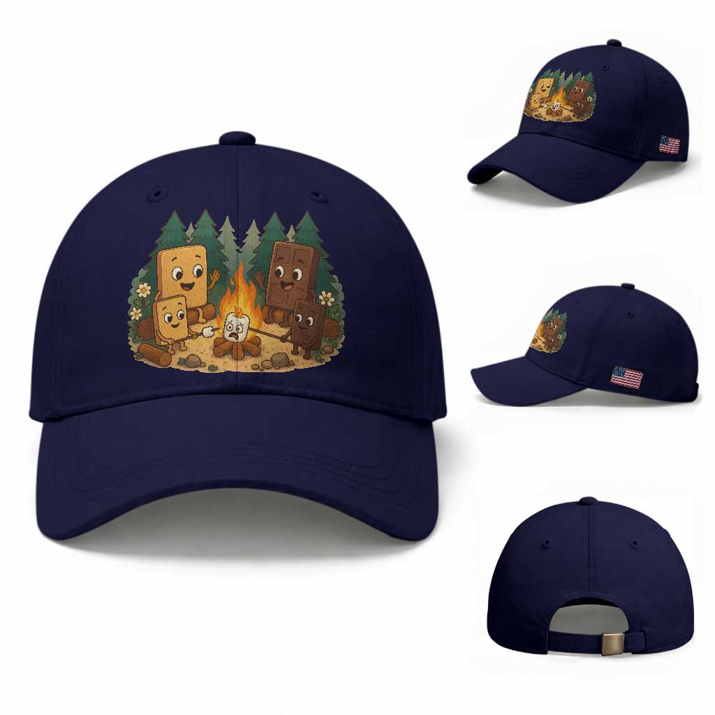 Funny Smores Camping Baseball Cap Marshmallow Chocolate Fire TS12 Baseball Cap Universal Fit Dark Blue Print Your Wear
