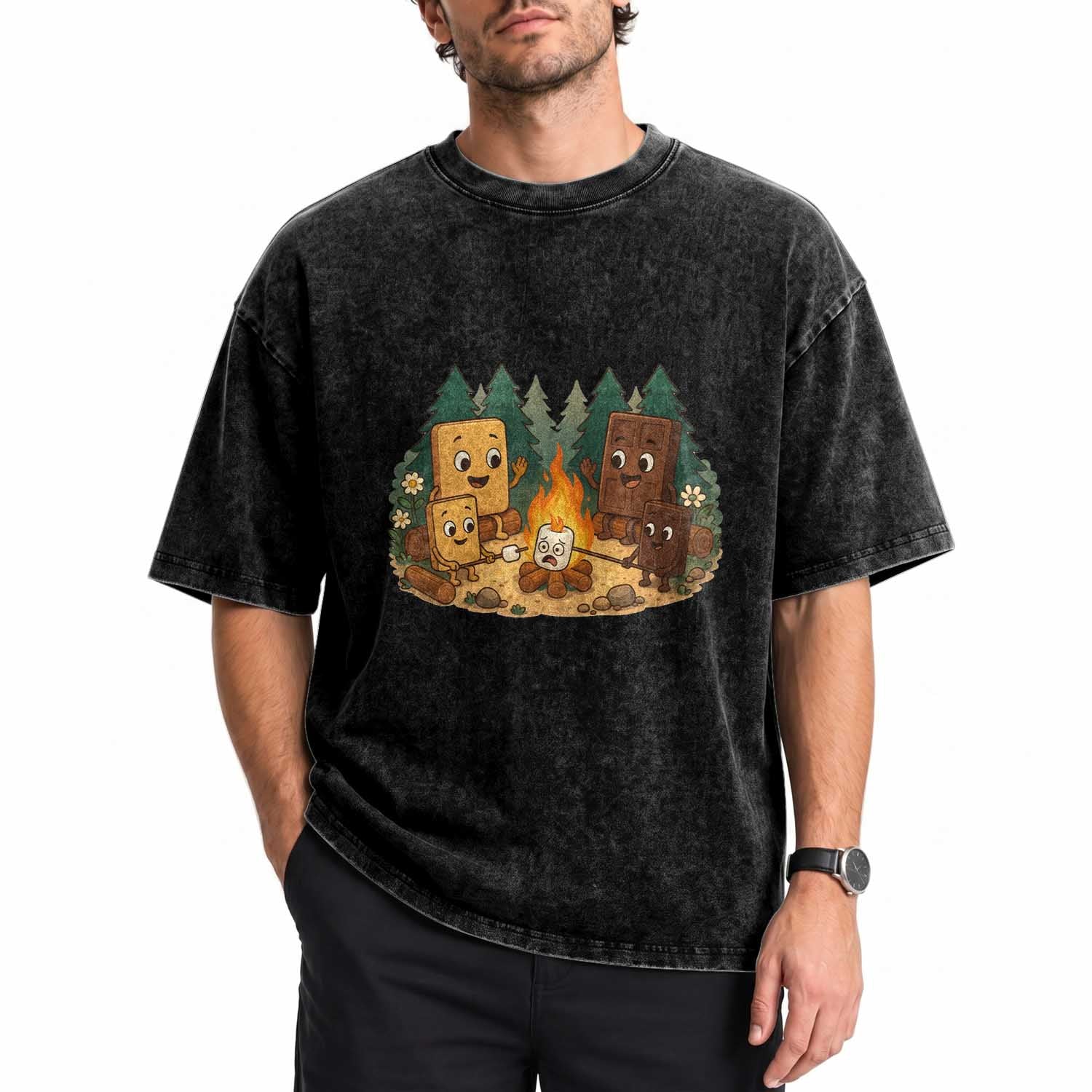 Funny Smores Camping Washed Cotton T-Shirt Marshmallow Chocolate Fire