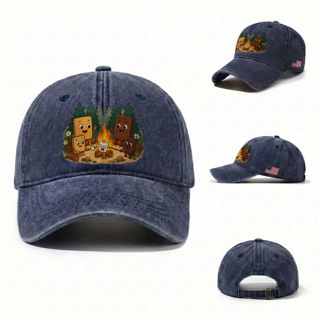 Funny Smores Camping Washed Cotton Baseball Cap Marshmallow Chocolate Fire TS12 Washed Cap Universal Fit Navy Print Your Wear