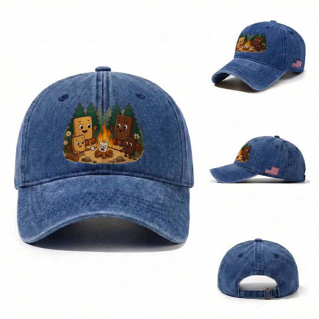 Funny Smores Camping Washed Cotton Baseball Cap Marshmallow Chocolate Fire TS12 Washed Cap Universal Fit Royal Blue Print Your Wear