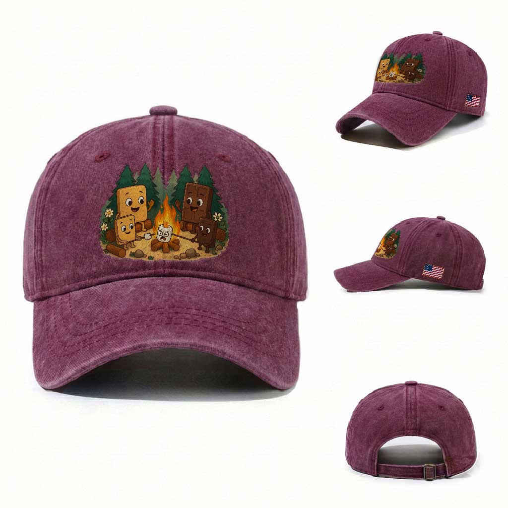 Funny Smores Camping Washed Cotton Baseball Cap Marshmallow Chocolate Fire TS12 Washed Cap Universal Fit Burgundy Print Your Wear