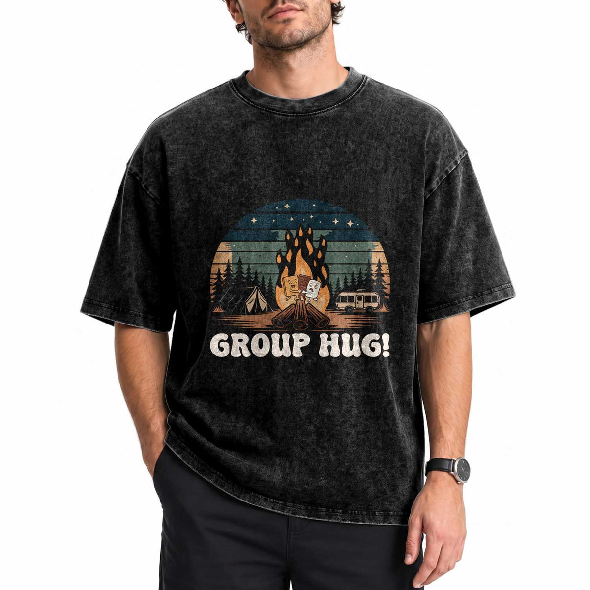 Funny Smores Camping Washed Cotton T-Shirt Group Hug