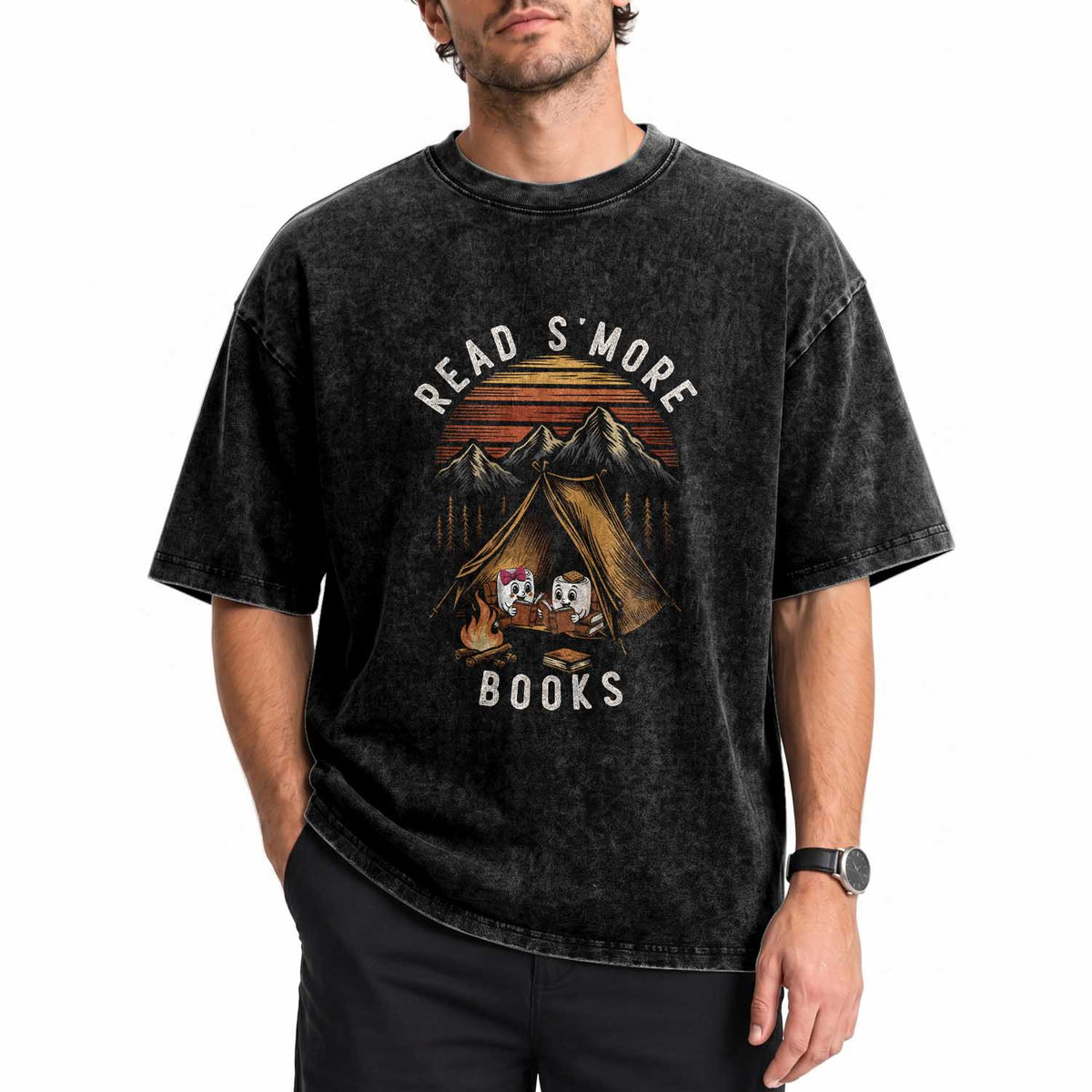 Book Lover Gift Washed Cotton T-Shirt Read Smore Books Camping Humor