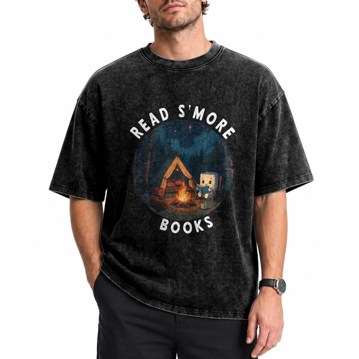 Camping Lover Washed Cotton T-Shirt Read Smore Books Funny Smores
