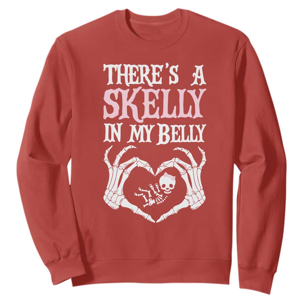 Funny Halloween Pregnancy Reveal Sweatshirt There Is A Skelly In My Belly