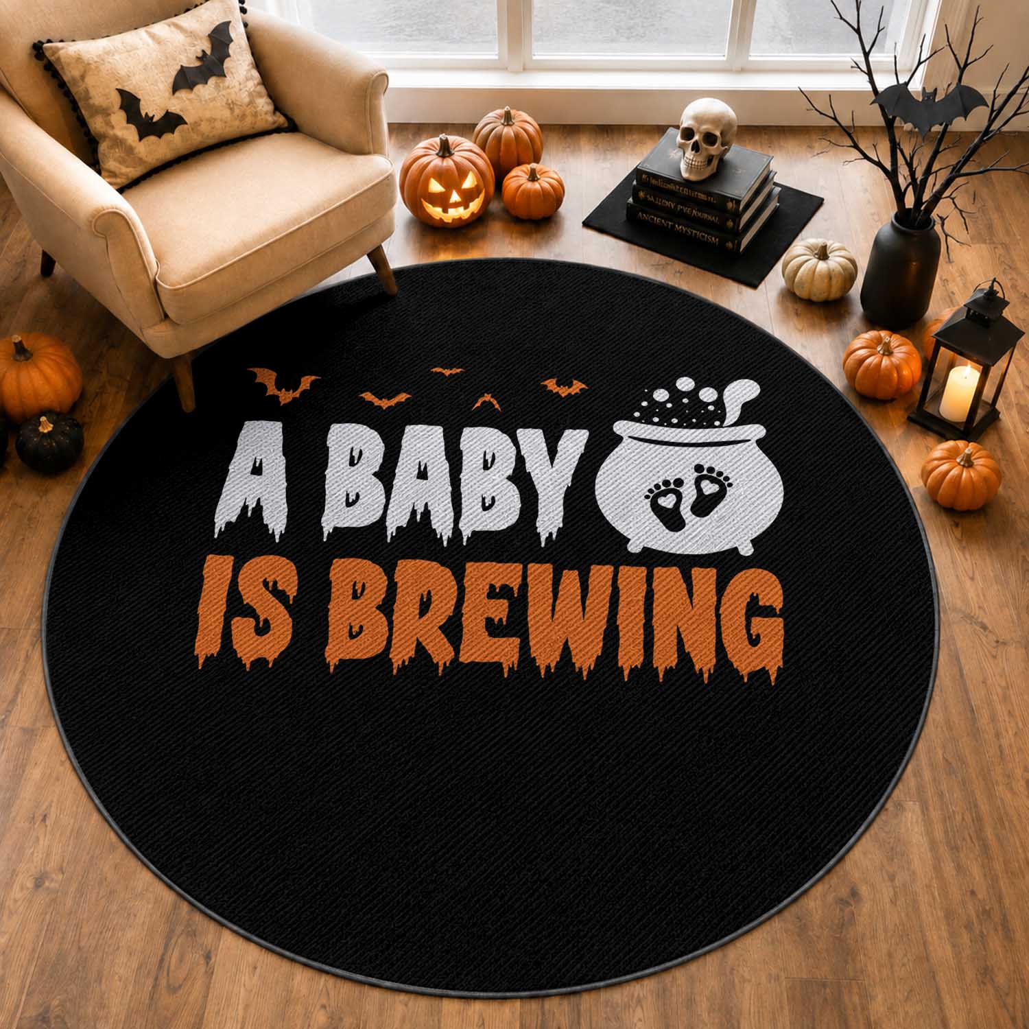 Funny Halloween Pregnancy Announcement Round Rug A Baby Is Brewing