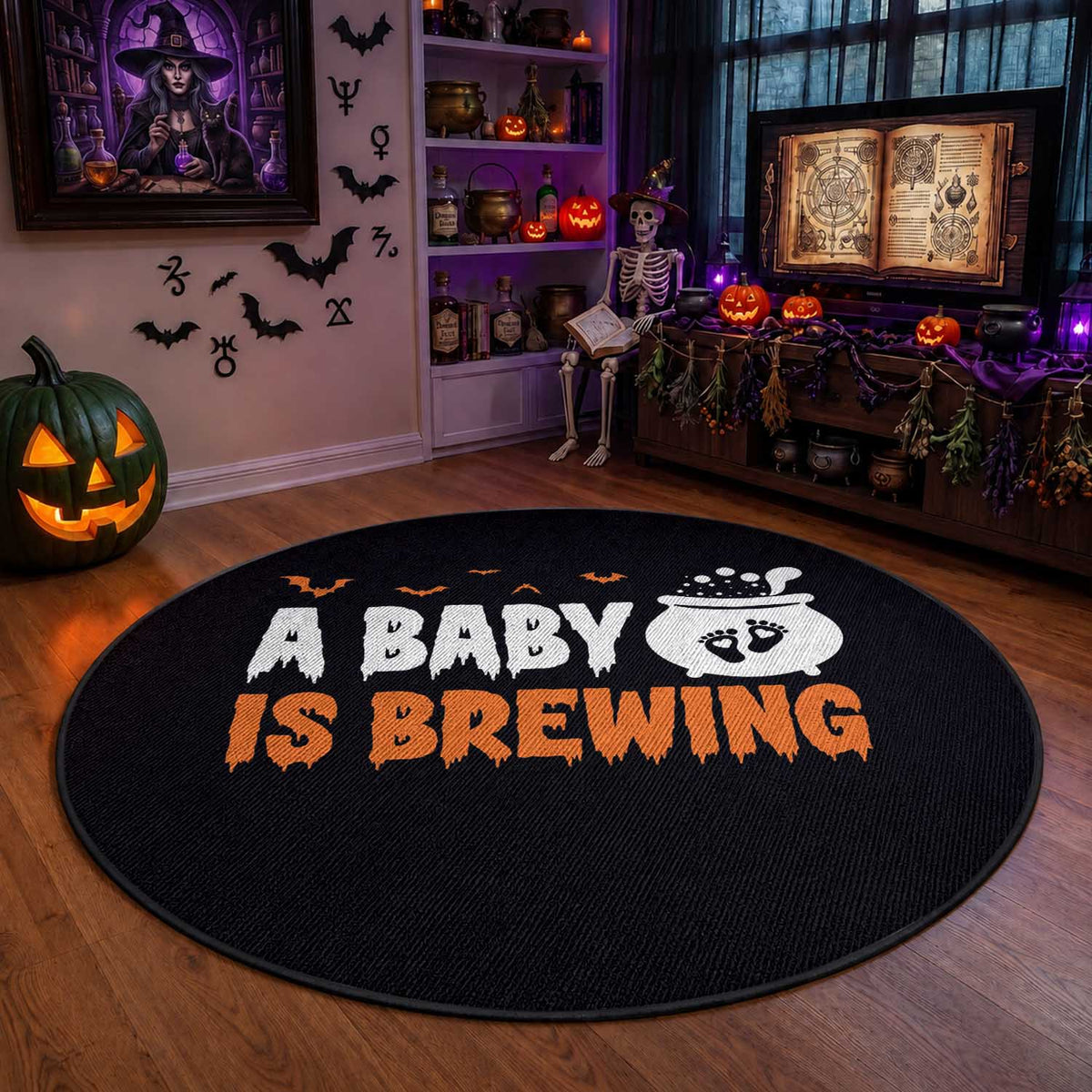 Funny Halloween Pregnancy Announcement Round Rug A Baby Is Brewing