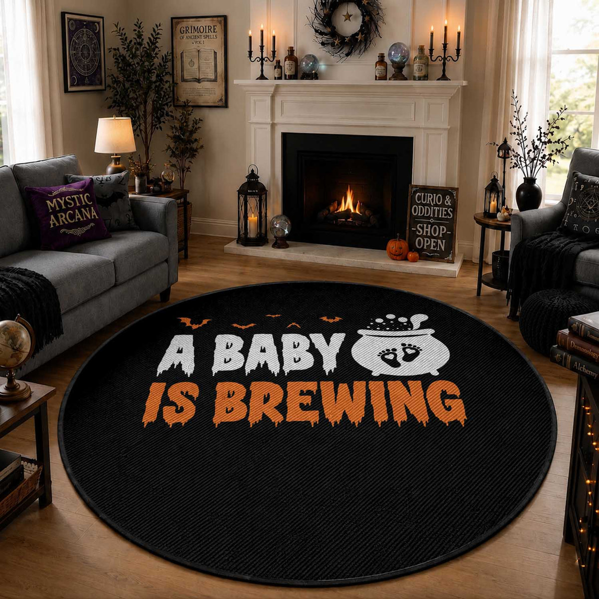 Funny Halloween Pregnancy Announcement Round Rug A Baby Is Brewing