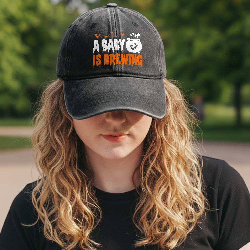 Funny Halloween Pregnancy Announcement Washed Cotton Baseball Cap A Baby Is Brewing