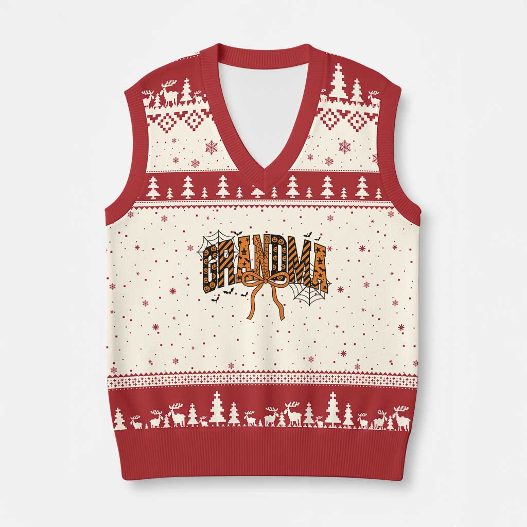 Halloween Grandma V-Neck Knit Sweater Vest Funny Spooky Coquette Bow Autumn Party Gift
