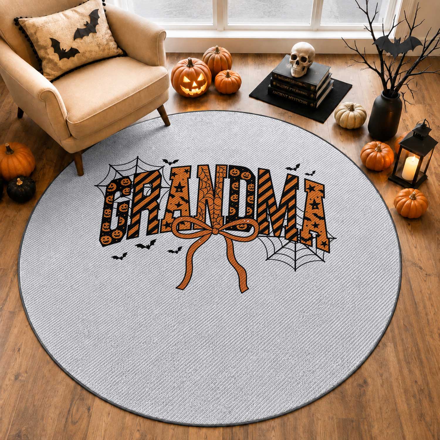 Halloween Grandma Round Rug Funny Spooky Coquette Bow Autumn Party Gift