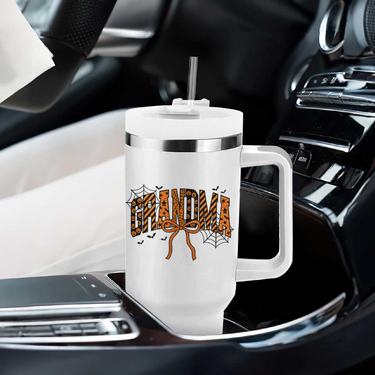 Halloween Grandma Tumbler With Handle Funny Spooky Coquette Bow Autumn Party Gift