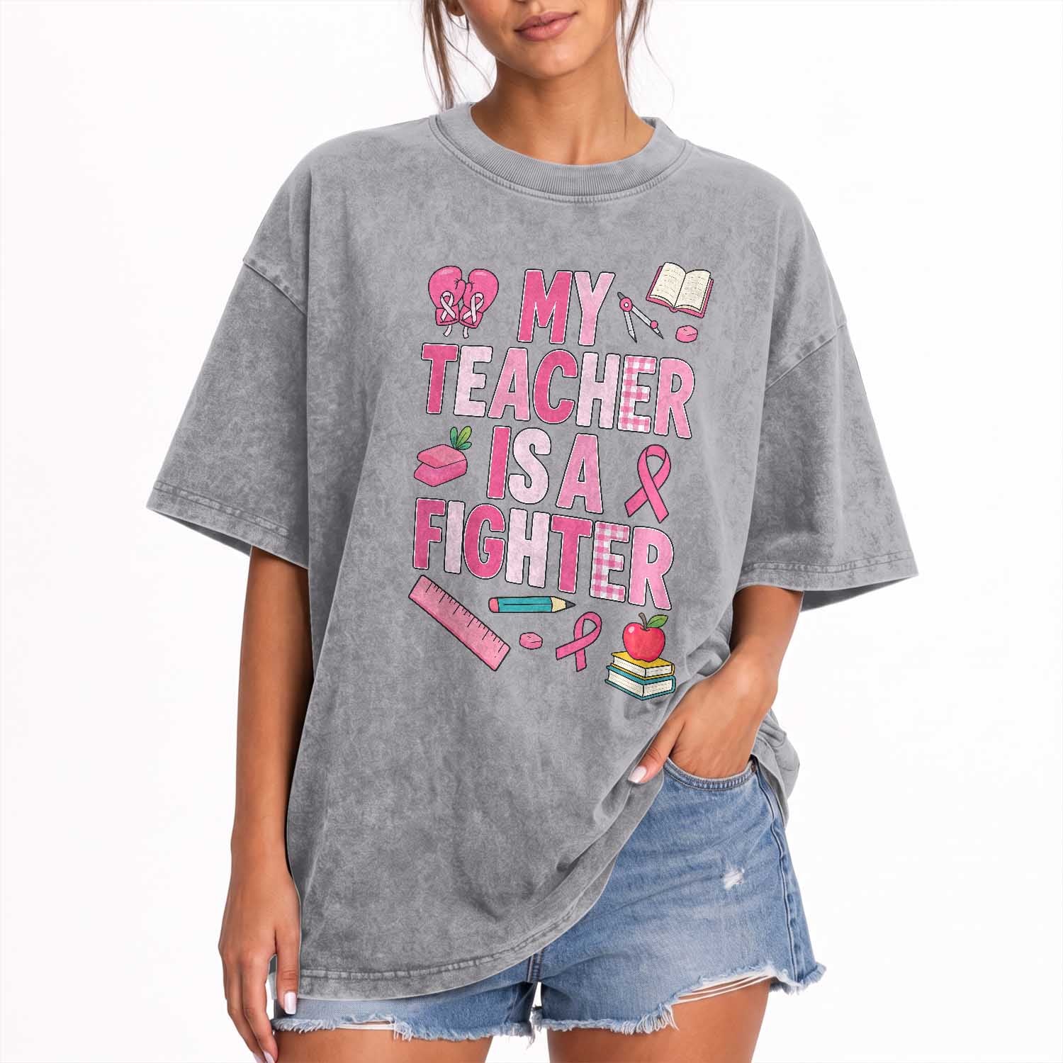 Breast Cancer Teacher Support Washed Cotton T-Shirt She Is A Fighter Pink Ribbon Awareness