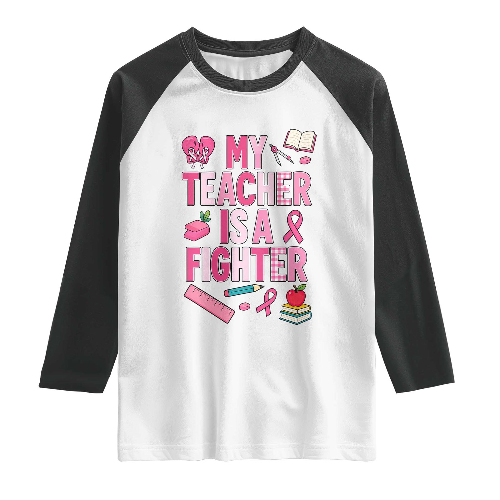 Breast Cancer Teacher Support Raglan Shirt She Is A Fighter Pink Ribbon Awareness