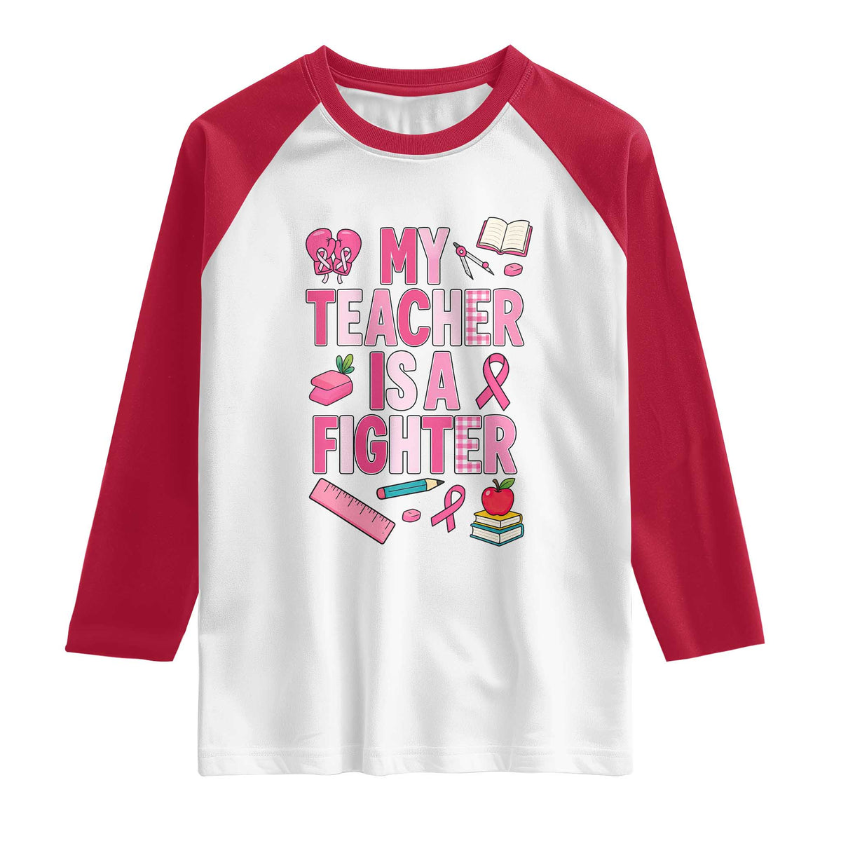 Breast Cancer Teacher Support Raglan Shirt She Is A Fighter Pink Ribbon Awareness