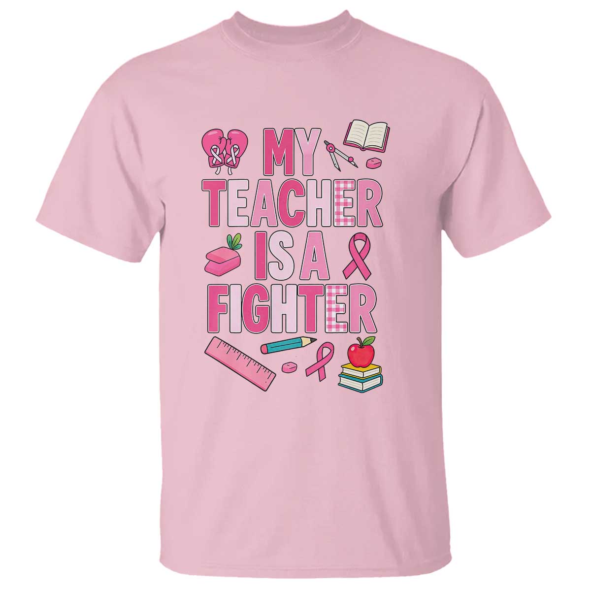 Breast Cancer Teacher Support T Shirt She Is A Fighter Pink Ribbon Awareness