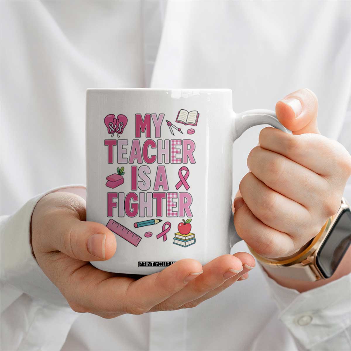 Breast Cancer Teacher Support Coffee Mug She Is A Fighter Pink Ribbon Awareness