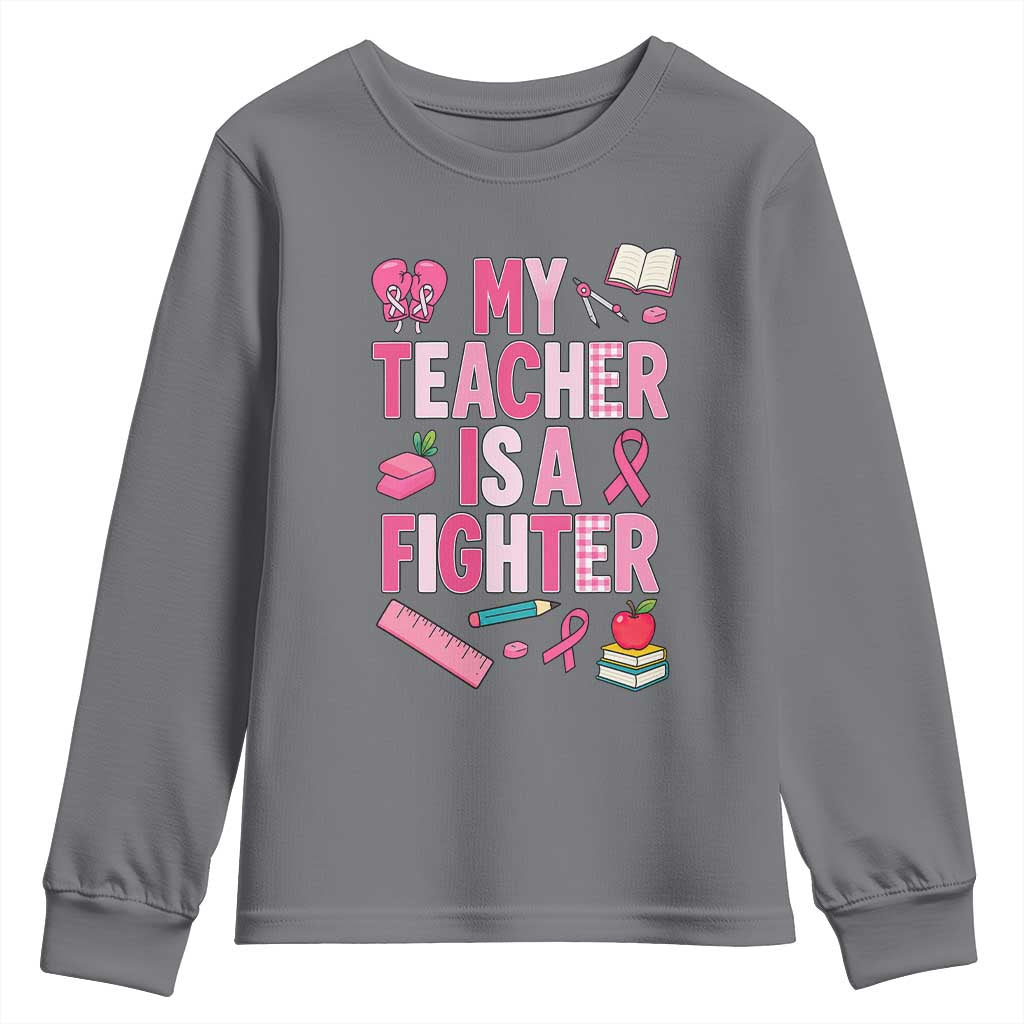 Breast Cancer Teacher Support Youth Sweatshirt She Is A Fighter Pink Ribbon Awareness