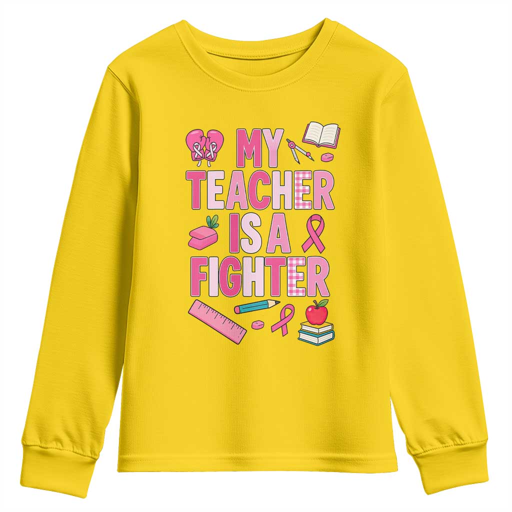 Breast Cancer Teacher Support Youth Sweatshirt She Is A Fighter Pink Ribbon Awareness