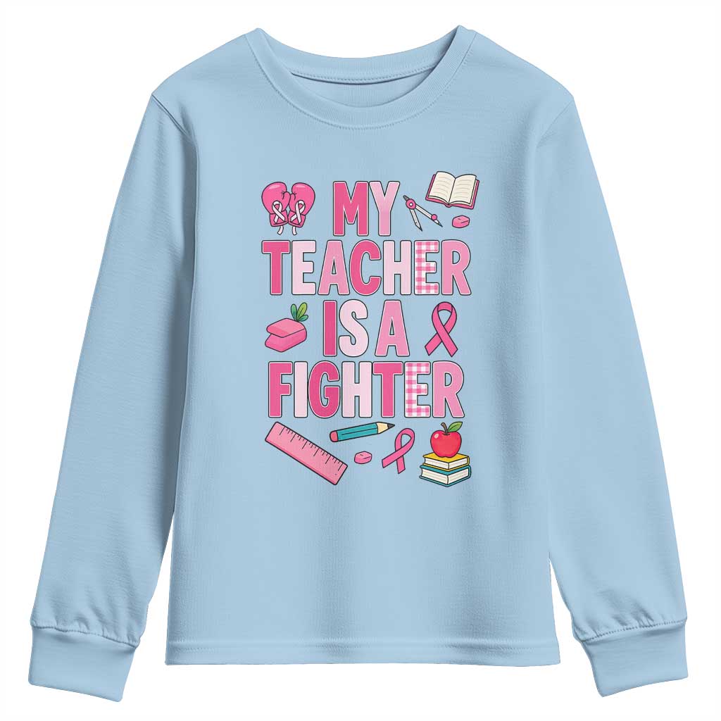 Breast Cancer Teacher Support Youth Sweatshirt She Is A Fighter Pink Ribbon Awareness