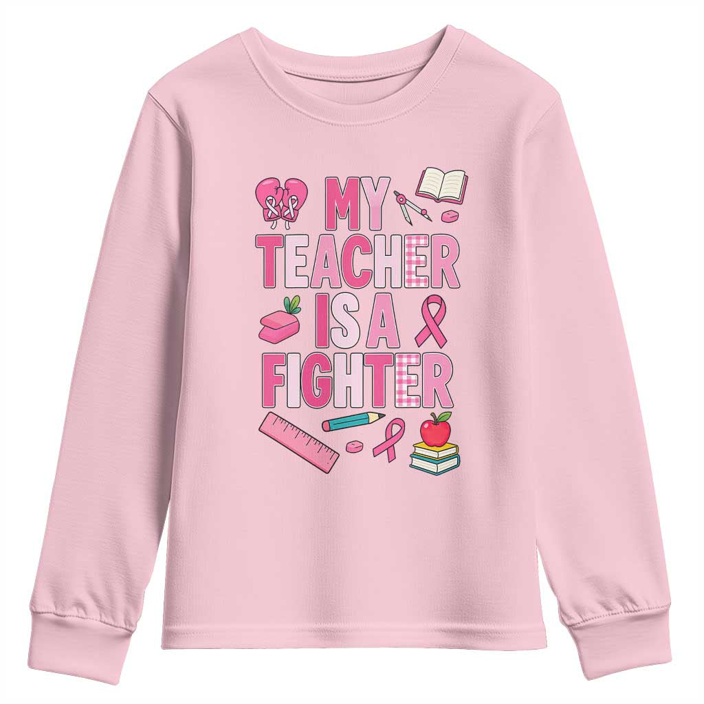 Breast Cancer Teacher Support Youth Sweatshirt She Is A Fighter Pink Ribbon Awareness