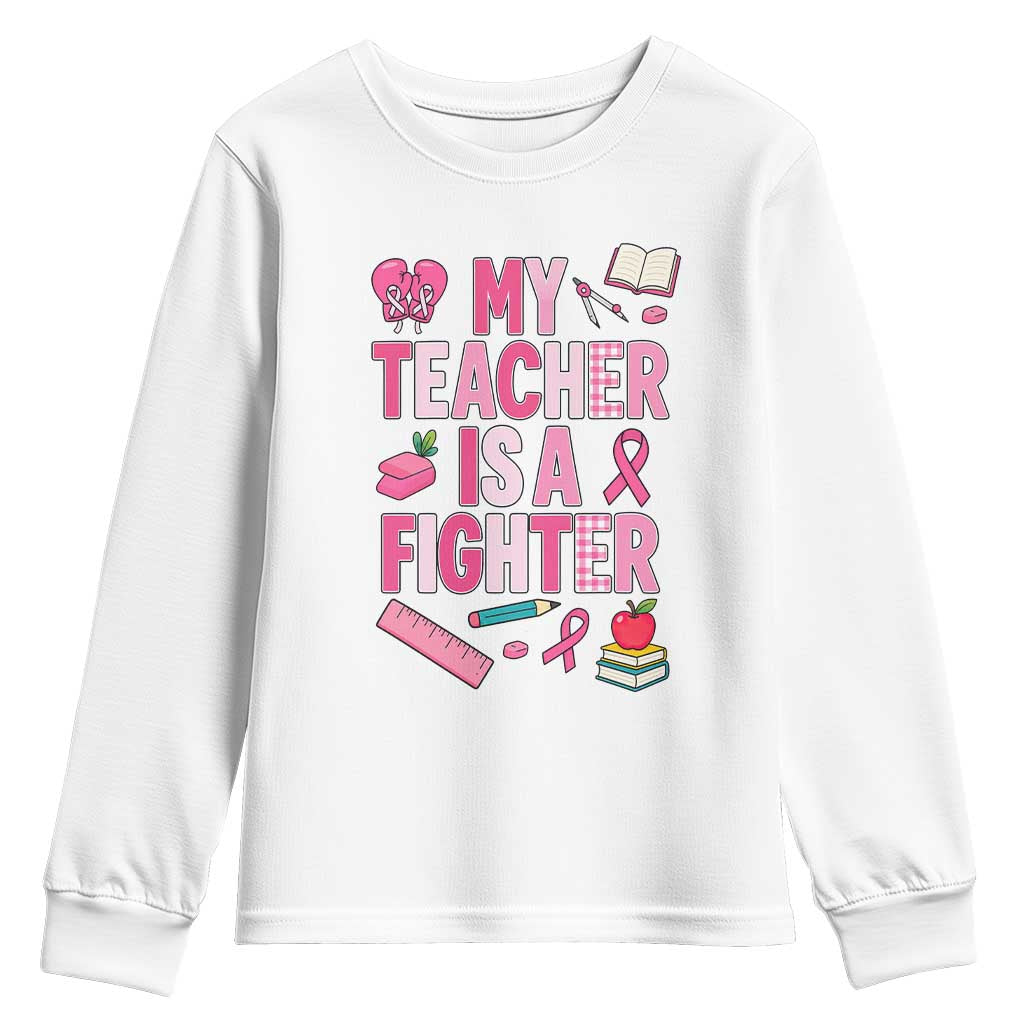 Breast Cancer Teacher Support Youth Sweatshirt She Is A Fighter Pink Ribbon Awareness