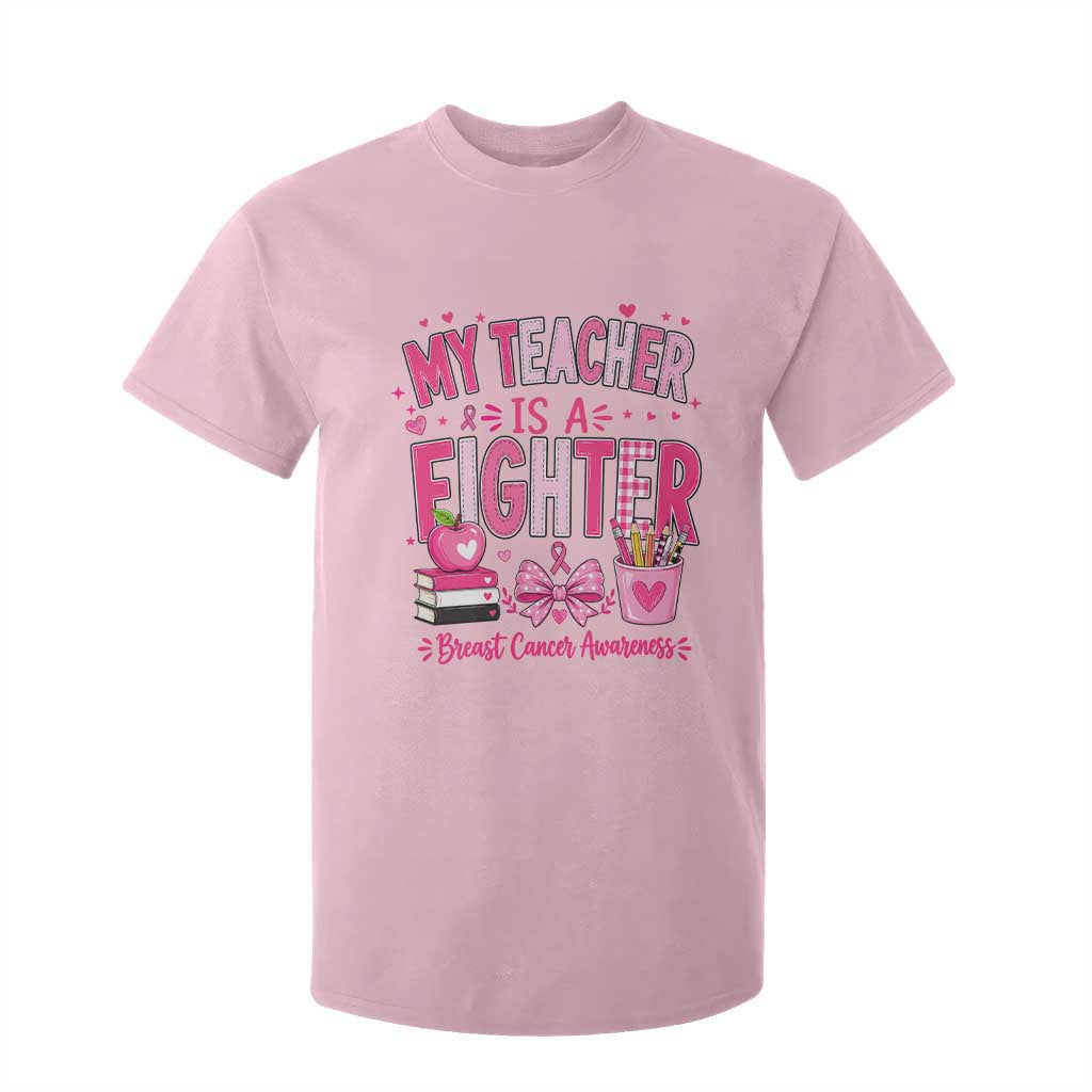 Pink Ribbon Teacher Support T Shirt For Kid She Is A Fighter Breast Cancer Awareness
