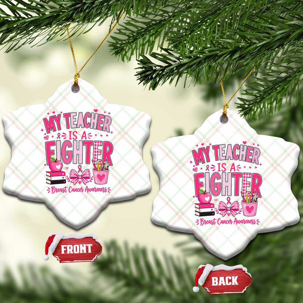 Pink Ribbon Teacher Support Ceramic Ornament She Is A Fighter Breast Cancer Awareness