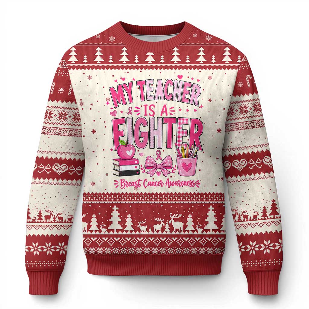 Pink Ribbon Teacher Support Ugly Christmas Sweater She Is A Fighter Breast Cancer Awareness