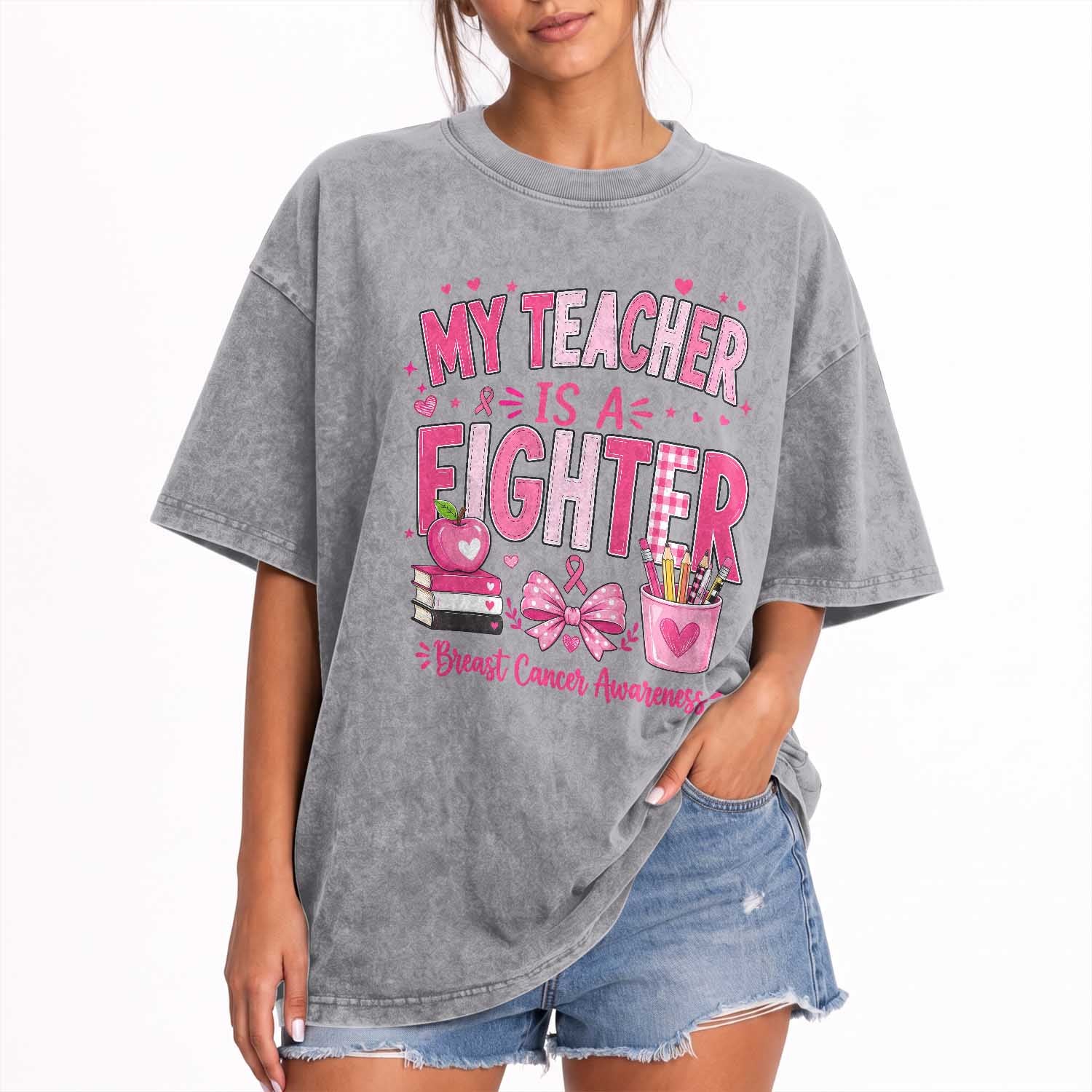 Pink Ribbon Teacher Support Washed Cotton T-Shirt She Is A Fighter Breast Cancer Awareness