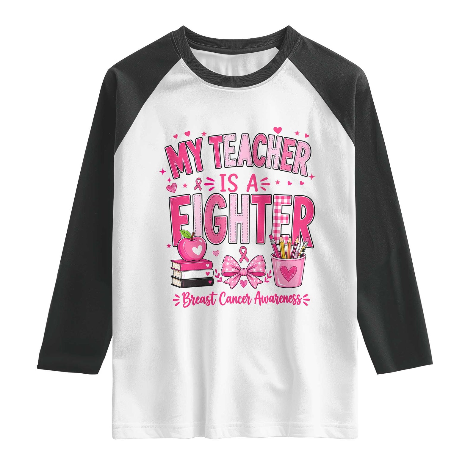 Pink Ribbon Teacher Support Raglan Shirt She Is A Fighter Breast Cancer Awareness