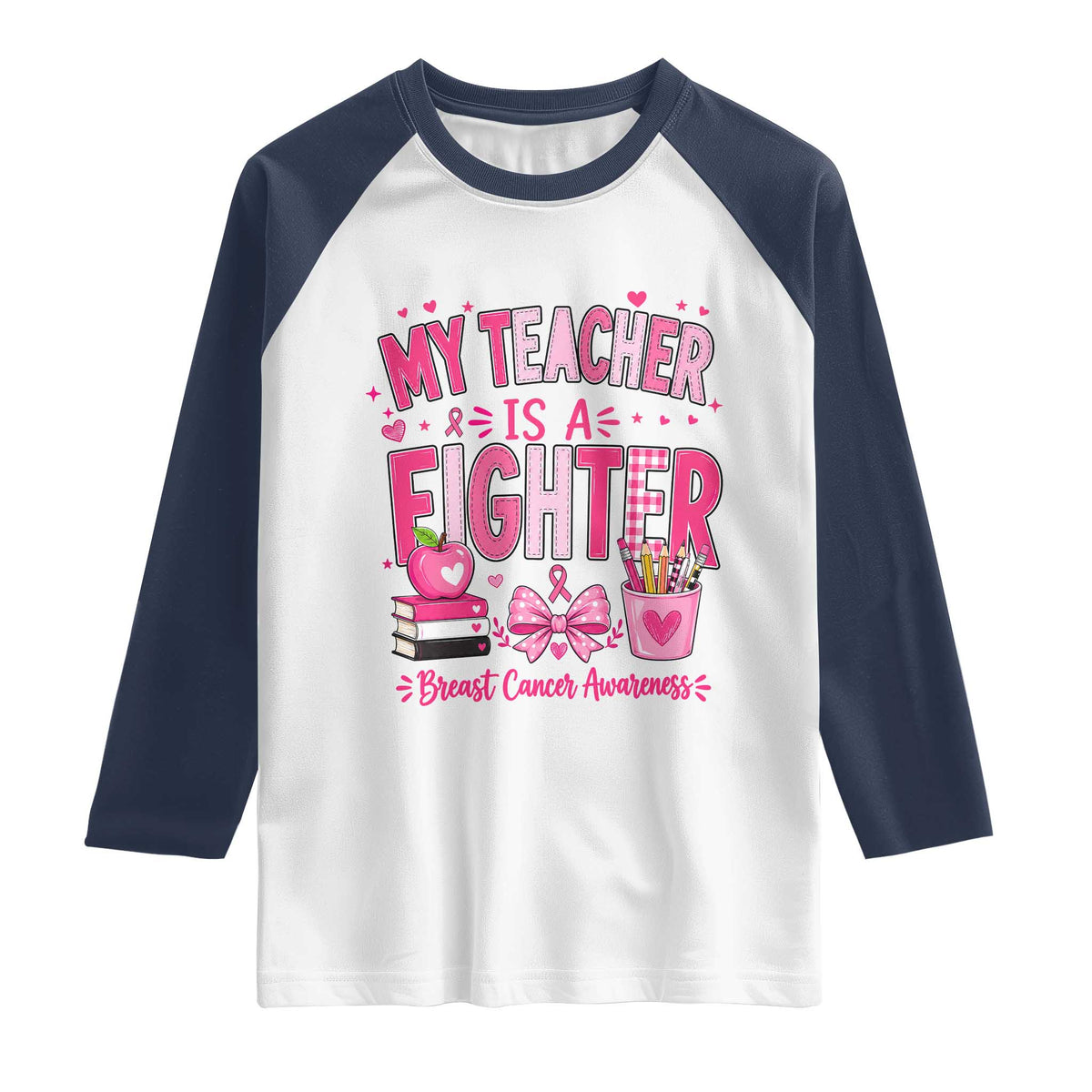 Pink Ribbon Teacher Support Raglan Shirt She Is A Fighter Breast Cancer Awareness