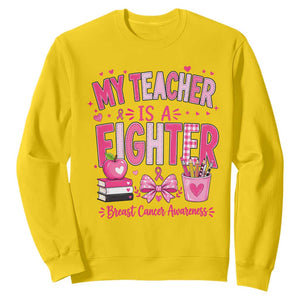 Pink Ribbon Teacher Support Sweatshirt She Is A Fighter Breast Cancer Awareness