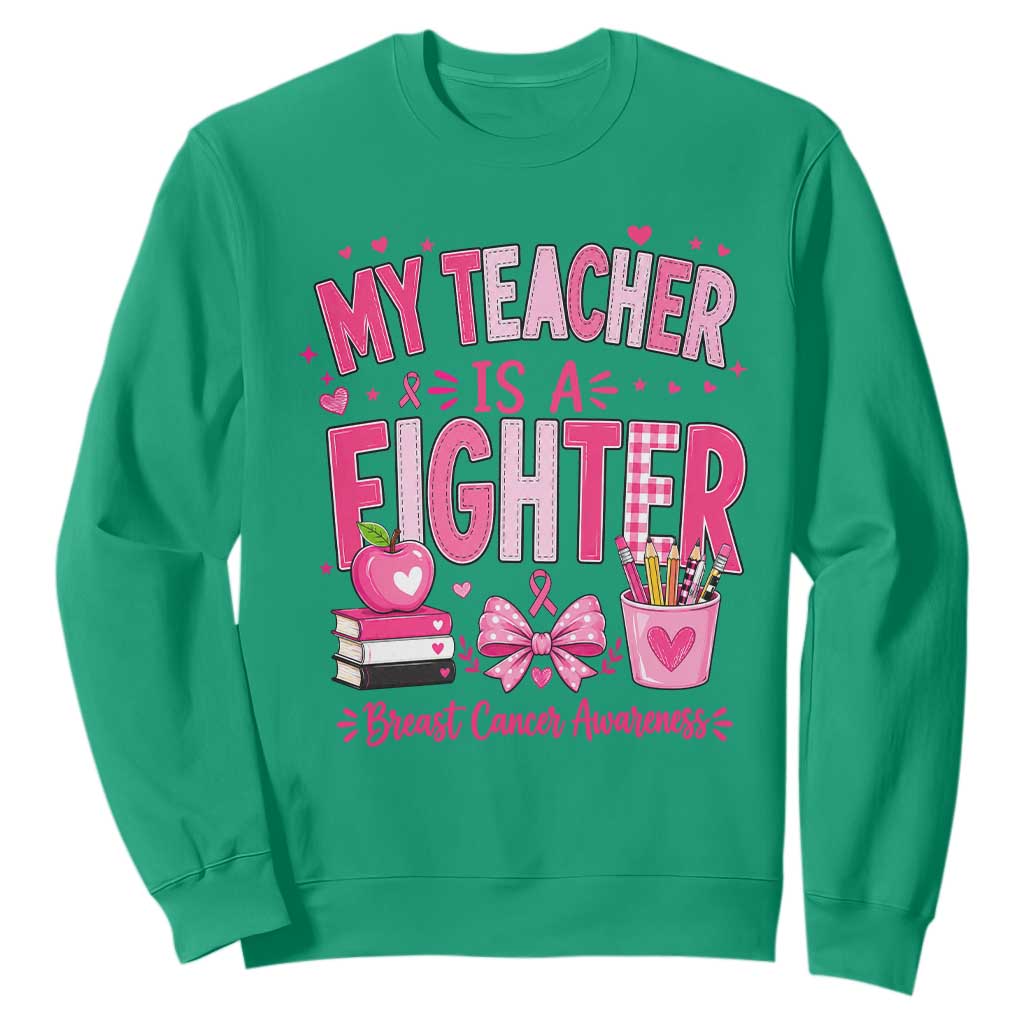 Pink Ribbon Teacher Support Sweatshirt She Is A Fighter Breast Cancer Awareness