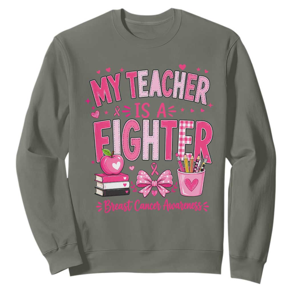 Pink Ribbon Teacher Support Sweatshirt She Is A Fighter Breast Cancer Awareness