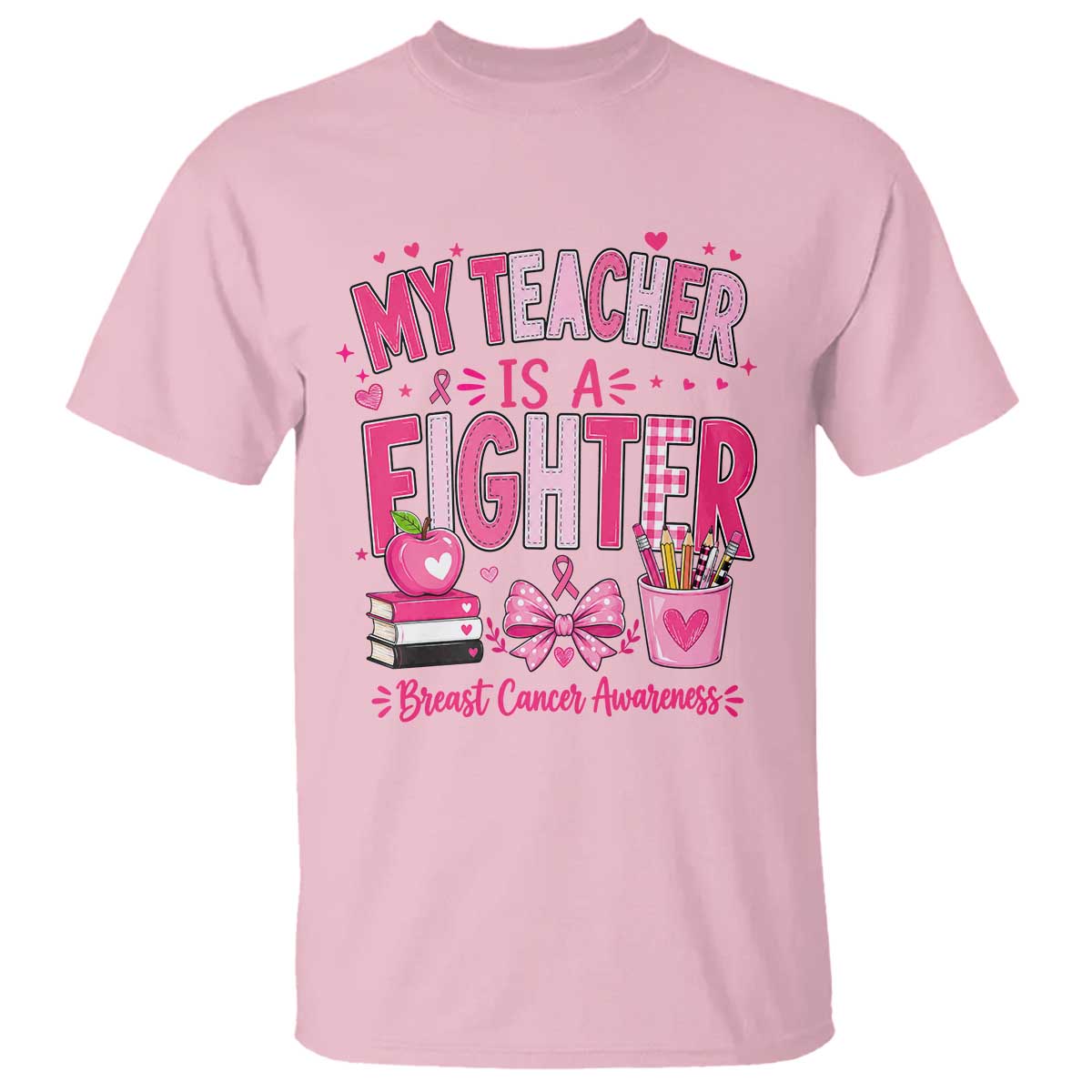Pink Ribbon Teacher Support T Shirt She Is A Fighter Breast Cancer Awareness
