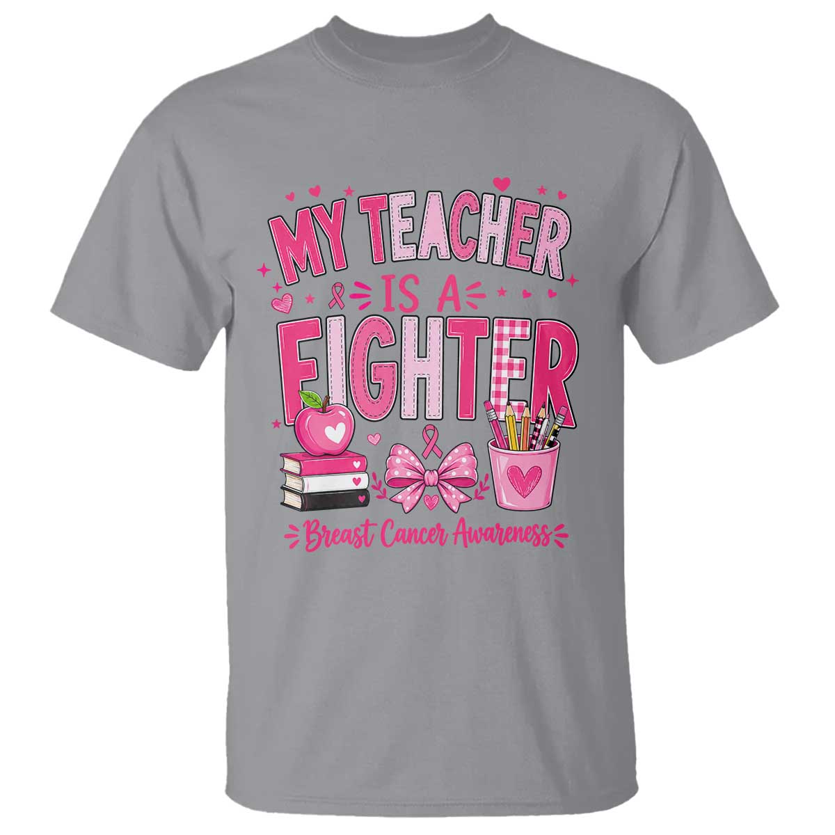 Pink Ribbon Teacher Support T Shirt She Is A Fighter Breast Cancer Awareness