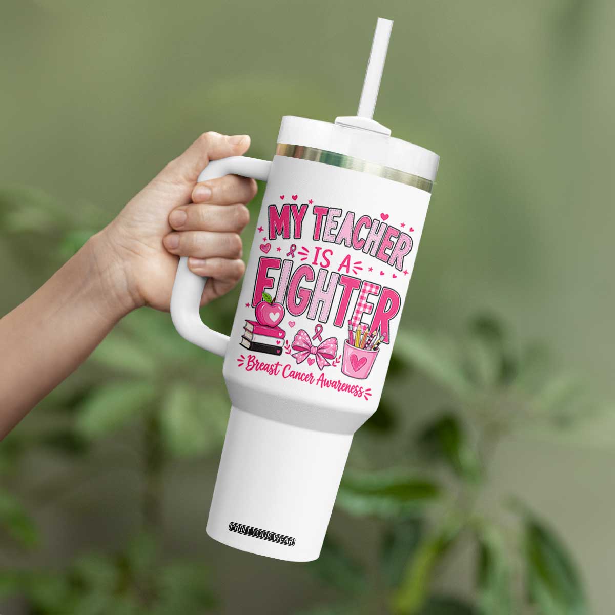 Pink Ribbon Teacher Support Tumbler With Handle She Is A Fighter Breast Cancer Awareness