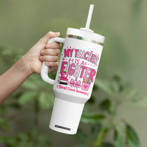 Pink Ribbon Teacher Support Tumbler With Handle She Is A Fighter Breast Cancer Awareness