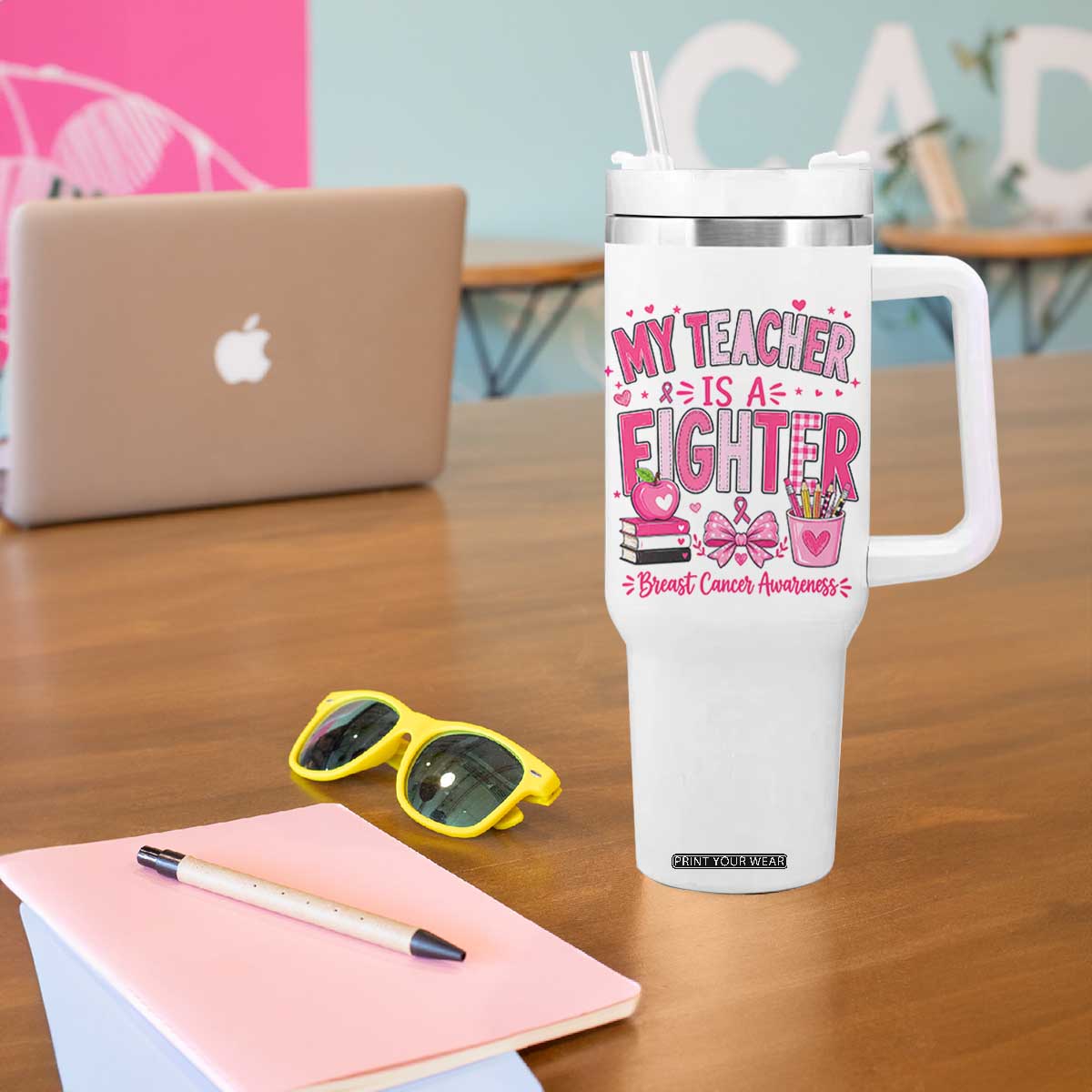 Pink Ribbon Teacher Support Tumbler With Handle She Is A Fighter Breast Cancer Awareness
