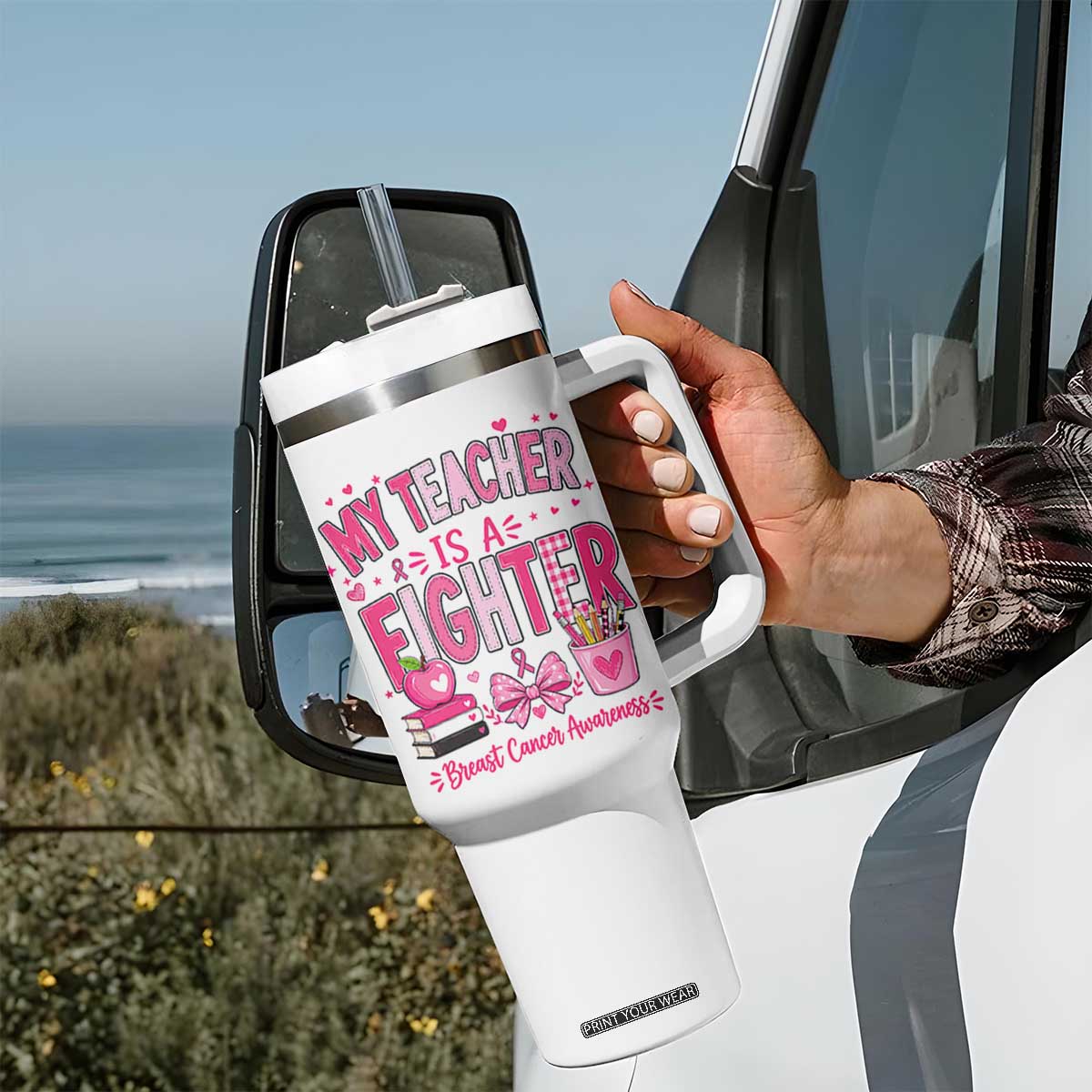 Pink Ribbon Teacher Support Tumbler With Handle She Is A Fighter Breast Cancer Awareness