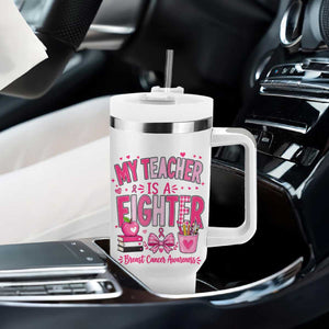 Pink Ribbon Teacher Support Tumbler With Handle She Is A Fighter Breast Cancer Awareness