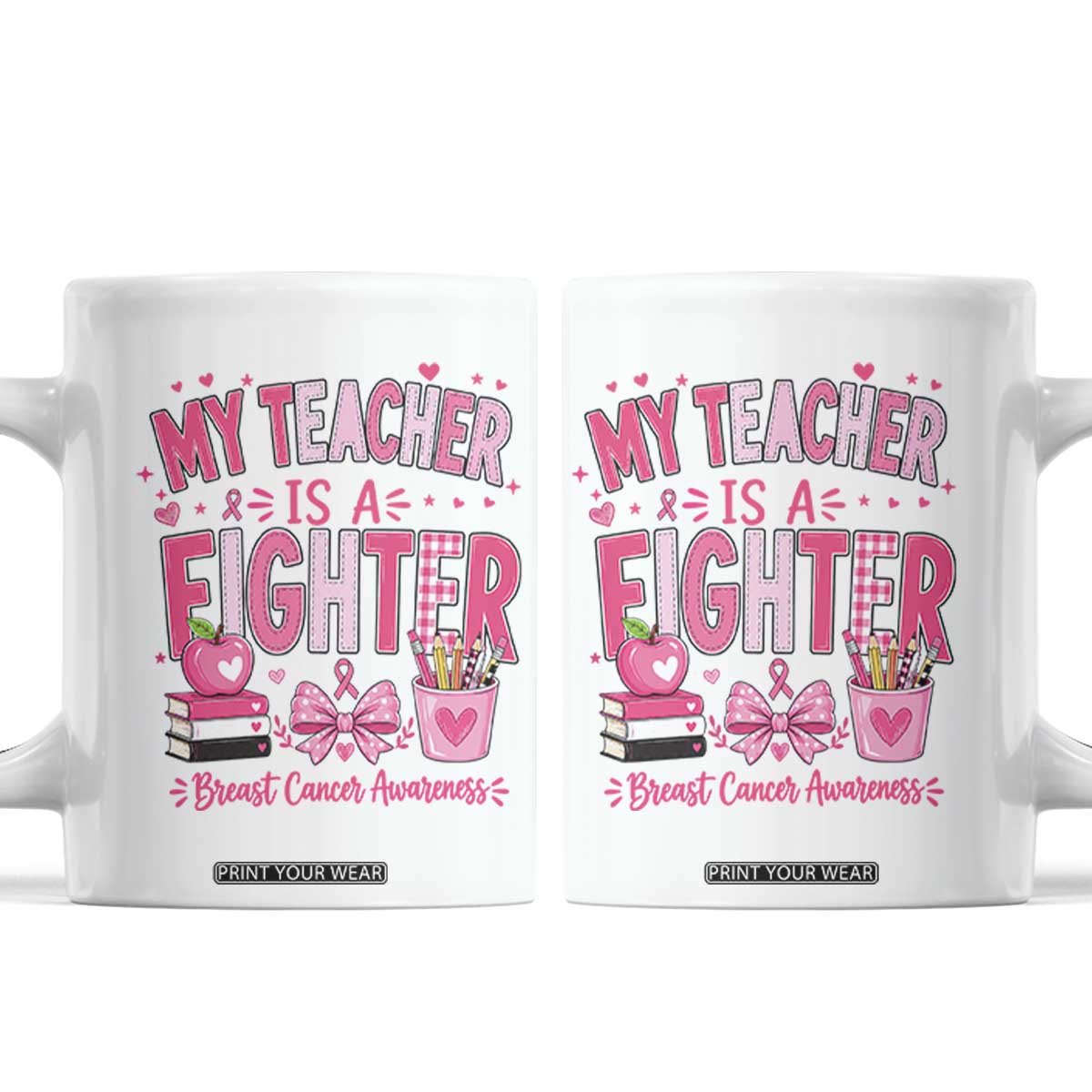 Pink Ribbon Teacher Support Coffee Mug She Is A Fighter Breast Cancer Awareness